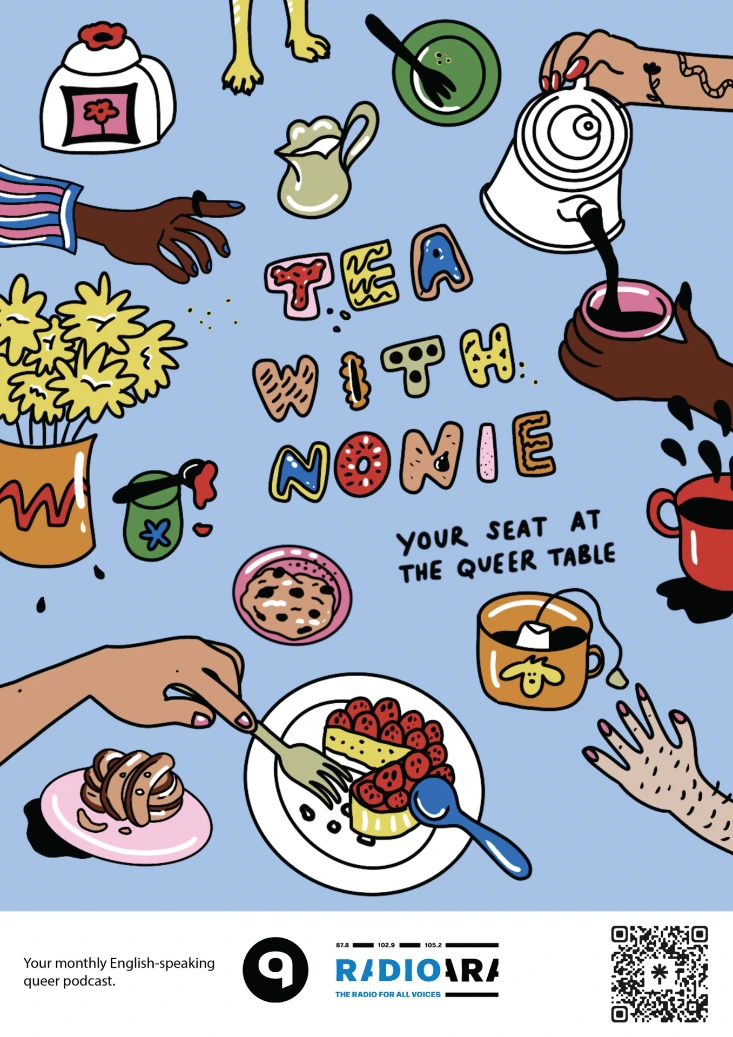 Affiche podcast "Tea with Nonie" de queer.lu
